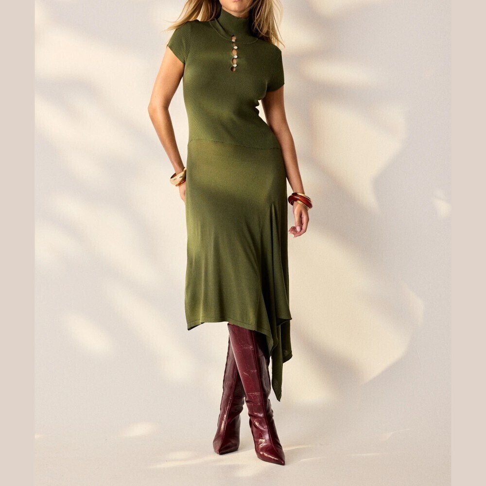 Olive Green Ribbed Knit Stand Collar Asymmetric Hem Midi Sweater Dress